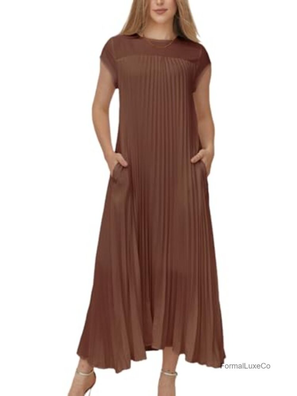 Flowy Pleated Maxi Dress with Pockets Short Sleeve Summer